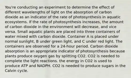 You're conducting an experiment to determine the effect of different wavelengths of light on the absorption of carbon dioxide as an indicator of the rate of photosynthesis in aquatic ecosystems. If the rate of photosynthesis increases, the amount of carbon dioxide in the environment will decrease, and vice versa. Small aquatic plants are placed into three containers of water mixed with carbon dioxide. Container A is placed under normal sunlight, B under green light, and C under red light. The containers are observed for a 24-hour period. Carbon dioxide absorption is an appropriate indicator of photosynthesis because plants produce oxygen gas by splitting CO2. CO2 is needed to complete the light reactions. the energy in CO2 is used to produce ATP and NADPH. CO2 is needed to produce sugars in the Calvin cycle.