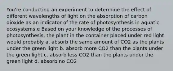 You're conducting an experiment to determine the effect of different wavelengths of light on the absorption of carbon dioxide as an indicator of the rate of photosynthesis in aquatic ecosystems.e Based on your knowledge of the processes of photosynthesis, the plant in the container placed under red light would probably a. absorb the same amount of CO2 as the plants under the green light b. absorb more CO2 than the plants under the green light c. absorb less CO2 than the plants under the green light d. absorb no CO2