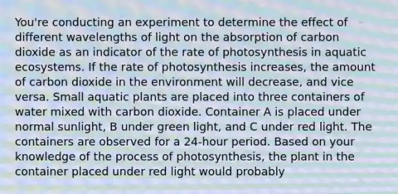 You're conducting an experiment to determine the effect of different wavelengths of light on the absorption of carbon dioxide as an indicator of the rate of photosynthesis in aquatic ecosystems. If the rate of photosynthesis increases, the amount of carbon dioxide in the environment will decrease, and vice versa. Small aquatic plants are placed into three containers of water mixed with carbon dioxide. Container A is placed under normal sunlight, B under green light, and C under red light. The containers are observed for a 24-hour period. Based on your knowledge of the <a href='https://www.questionai.com/knowledge/kZdL6DGYI4-process-of-photosynthesis' class='anchor-knowledge'>process of photosynthesis</a>, the plant in the container placed under red light would probably