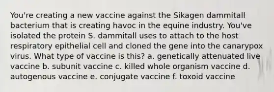 You're creating a new vaccine against the Sikagen dammitall bacterium that is creating havoc in the equine industry. You've isolated the protein S. dammitall uses to attach to the host respiratory epithelial cell and cloned the gene into the canarypox virus. What type of vaccine is this? a. genetically attenuated live vaccine b. subunit vaccine c. killed whole organism vaccine d. autogenous vaccine e. conjugate vaccine f. toxoid vaccine