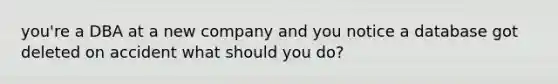 you're a DBA at a new company and you notice a database got deleted on accident what should you do?