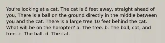 You're looking at a cat. The cat is 6 feet away, straight ahead of you. There is a ball on the ground directly in the middle between you and the cat. There is a large tree 10 feet behind the cat. What will be on the horopter? a. The tree. b. The ball, cat, and tree. c. The ball. d. The cat.