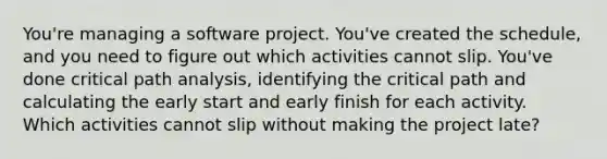 You're managing a software project. You've created the schedule, and you need to figure out which activities cannot slip. You've done critical path analysis, identifying the critical path and calculating the early start and early finish for each activity. Which activities cannot slip without making the project late?