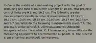 You're in the middle of a nail-making project with the goal of producing one tone of nails with a length of 10 cm. Your projects' control limits are 9.8 and 10.2 cm. The following are the measurements' results in order of measurement: 10.12 cm, 10.19 cm, 10.09 cm, 10.18 cm, 10.09 cm, 10.17 cm, 10.16 cm, and 9.7 cm. What do the following measurements reveal? A. The process is under control. B. All measurements should be incorporated into the control. C. It is necessary to re-calibrate the measuring equipment to accommodate all points. D. The process is out of control and should be improved.