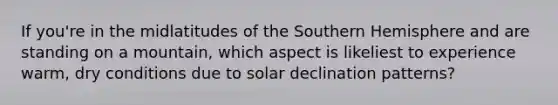 If you're in the midlatitudes of the Southern Hemisphere and are standing on a mountain, which aspect is likeliest to experience warm, dry conditions due to solar declination patterns?