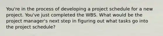 You're in the process of developing a project schedule for a new project. You've just completed the WBS. What would be the project manager's next step in figuring out what tasks go into the project schedule?