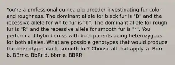 You're a professional guinea pig breeder investigating fur color and roughness. The dominant allele for black fur is "B" and the recessive allele for white fur is "b". The dominant allele for rough fur is "R" and the recessive allele for smooth fur is "r". You perform a dihybrid cross with both parents being heterozygous for both alleles. What are possible genotypes that would produce the phenotype black, smooth fur? Choose all that apply. a. Bbrr b. BBrr c. BbRr d. bbrr e. BBRR