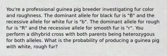 You're a professional guinea pig breeder investigating fur color and roughness. The dominant allele for black fur is "B" and the recessive allele for white fur is "b". The dominant allele for rough fur is "R" and the recessive allele for smooth fur is "r". You perform a dihybrid cross with both parents being heterozygous for both alleles. What is the probability of producing a guinea pig with white, rough fur?