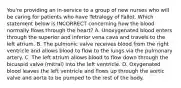 You're providing an in-service to a group of new nurses who will be caring for patients who have Tetralogy of Fallot. Which statement below is INCORRECT concerning how the blood normally flows through the heart? A. Unoxygenated blood enters through the superior and inferior vena cava and travels to the left atrium. B. The pulmonic valve receives blood from the right ventricle and allows blood to flow to the lungs via the pulmonary artery. C. The left atrium allows blood to flow down through the bicuspid valve (mitral) into the left ventricle. D. Oxygenated blood leaves the left ventricle and flows up through the aortic valve and aorta to be pumped to the rest of the body.