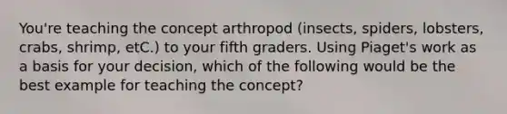 You're teaching the concept arthropod (insects, spiders, lobsters, crabs, shrimp, etC.) to your fifth graders. Using Piaget's work as a basis for your decision, which of the following would be the best example for teaching the concept?