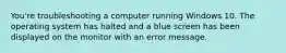 You're troubleshooting a computer running Windows 10. The operating system has halted and a blue screen has been displayed on the monitor with an error message.