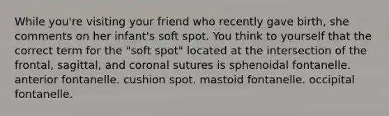 While you're visiting your friend who recently gave birth, she comments on her infant's soft spot. You think to yourself that the correct term for the "soft spot" located at the intersection of the frontal, sagittal, and coronal sutures is sphenoidal fontanelle. anterior fontanelle. cushion spot. mastoid fontanelle. occipital fontanelle.