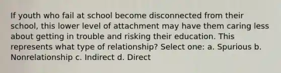 If youth who fail at school become disconnected from their school, this lower level of attachment may have them caring less about getting in trouble and risking their education. This represents what type of relationship? Select one: a. Spurious b. Nonrelationship c. Indirect d. Direct