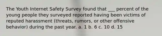 The Youth Internet Safety Survey found that ___ percent of the young people they surveyed reported having been victims of reputed harassment (threats, rumors, or other offensive behavior) during the past year. a. 1 b. 6 c. 10 d. 15