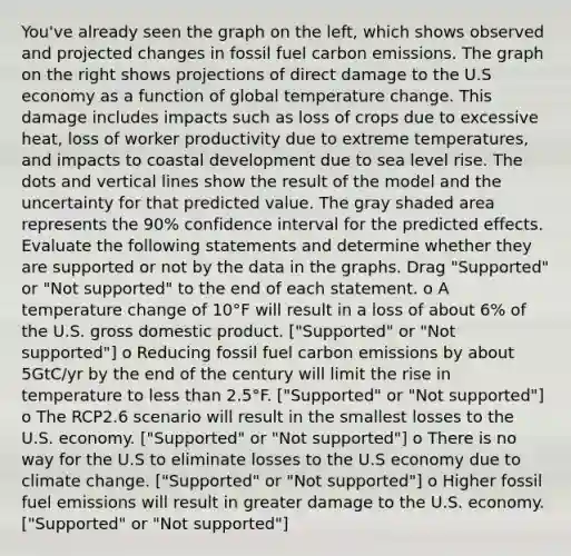 You've already seen the graph on the left, which shows observed and projected changes in fossil fuel carbon emissions. The graph on the right shows projections of direct damage to the U.S economy as a function of global temperature change. This damage includes impacts such as loss of crops due to excessive heat, loss of worker productivity due to extreme temperatures, and impacts to coastal development due to sea level rise. The dots and vertical lines show the result of the model and the uncertainty for that predicted value. The gray shaded area represents the 90% confidence interval for the predicted effects. Evaluate the following statements and determine whether they are supported or not by the data in the graphs. Drag "Supported" or "Not supported" to the end of each statement. o A temperature change of 10°F will result in a loss of about 6% of the U.S. gross domestic product. ["Supported" or "Not supported"] o Reducing fossil fuel carbon emissions by about 5GtC/yr by the end of the century will limit the rise in temperature to less than 2.5°F. ["Supported" or "Not supported"] o The RCP2.6 scenario will result in the smallest losses to the U.S. economy. ["Supported" or "Not supported"] o There is no way for the U.S to eliminate losses to the U.S economy due to climate change. ["Supported" or "Not supported"] o Higher fossil fuel emissions will result in greater damage to the U.S. economy. ["Supported" or "Not supported"]