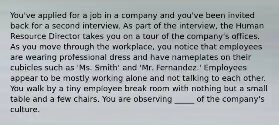 You've applied for a job in a company and you've been invited back for a second interview. As part of the interview, the Human Resource Director takes you on a tour of the company's offices. As you move through the workplace, you notice that employees are wearing professional dress and have nameplates on their cubicles such as 'Ms. Smith' and 'Mr. Fernandez.' Employees appear to be mostly working alone and not talking to each other. You walk by a tiny employee break room with nothing but a small table and a few chairs. You are observing _____ of the company's culture.