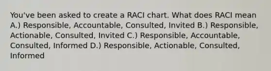 You've been asked to create a RACI chart. What does RACI mean A.) Responsible, Accountable, Consulted, Invited B.) Responsible, Actionable, Consulted, Invited C.) Responsible, Accountable, Consulted, Informed D.) Responsible, Actionable, Consulted, Informed