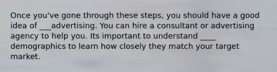 Once you've gone through these steps, you should have a good idea of ___advertising. You can hire a consultant or advertising agency to help you. Its important to understand ____ demographics to learn how closely they match your target market.