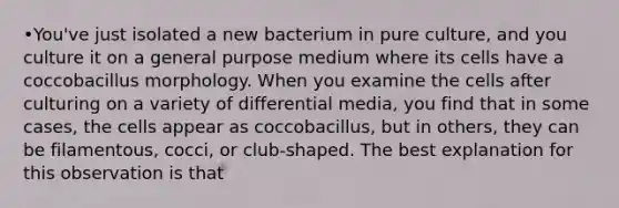 •You've just isolated a new bacterium in pure culture, and you culture it on a general purpose medium where its cells have a coccobacillus morphology. When you examine the cells after culturing on a variety of differential media, you find that in some cases, the cells appear as coccobacillus, but in others, they can be filamentous, cocci, or club-shaped. The best explanation for this observation is that