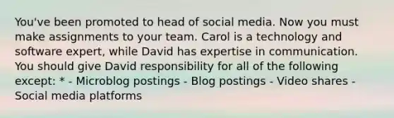 You've been promoted to head of social media. Now you must make assignments to your team. Carol is a technology and software expert, while David has expertise in communication. You should give David responsibility for all of the following except: * - Microblog postings - Blog postings - Video shares - Social media platforms