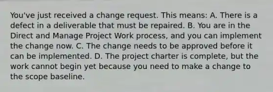 You've just received a change request. This means: A. There is a defect in a deliverable that must be repaired. B. You are in the Direct and Manage Project Work process, and you can implement the change now. C. The change needs to be approved before it can be implemented. D. The project charter is complete, but the work cannot begin yet because you need to make a change to the scope baseline.