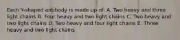 Each Y-shaped antibody is made up of: A. Two heavy and three light chains B. Four heavy and two light chains C. Two heavy and two light chains D. Two heavy and four light chains E. Three heavy and two light chains