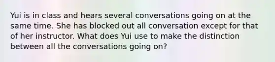 Yui is in class and hears several conversations going on at the same time. She has blocked out all conversation except for that of her instructor. What does Yui use to make the distinction between all the conversations going on?