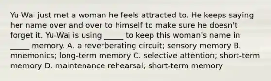 Yu-Wai just met a woman he feels attracted to. He keeps saying her name over and over to himself to make sure he doesn't forget it. Yu-Wai is using _____ to keep this woman's name in _____ memory. A. a reverberating circuit; sensory memory B. mnemonics; long-term memory C. selective attention; short-term memory D. maintenance rehearsal; short-term memory