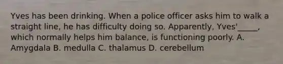 Yves has been drinking. When a police officer asks him to walk a straight line, he has difficulty doing so. Apparently, Yves'_____, which normally helps him balance, is functioning poorly. A. Amygdala B. medulla C. thalamus D. cerebellum