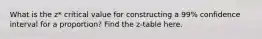 What is the z* critical value for constructing a 99% confidence interval for a proportion? Find the z-table here.