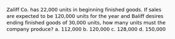 Zaliff Co. has 22,000 units in beginning finished goods. If sales are expected to be 120,000 units for the year and Baliff desires ending finished goods of 30,000 units, how many units must the company produce? a. 112,000 b. 120,000 c. 128,000 d. 150,000