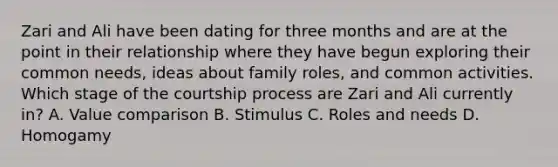 Zari and Ali have been dating for three months and are at the point in their relationship where they have begun exploring their common needs, ideas about family roles, and common activities. Which stage of the courtship process are Zari and Ali currently in? A. Value comparison B. Stimulus C. Roles and needs D. Homogamy