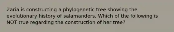 Zaria is constructing a phylogenetic tree showing the evolutionary history of salamanders. Which of the following is NOT true regarding the construction of her tree?