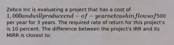 Zebco Inc is evaluating a project that has a cost of 1,000 and will produce end-of-year net cash inflows of500 per year for 3 years. The required rate of return for this project's is 10 percent. The difference between the project's IRR and its MIRR is closest to: