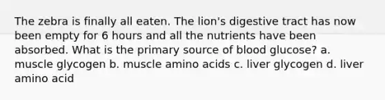 The zebra is finally all eaten. The lion's digestive tract has now been empty for 6 hours and all the nutrients have been absorbed. What is the primary source of blood glucose? a. muscle glycogen b. muscle amino acids c. liver glycogen d. liver amino acid