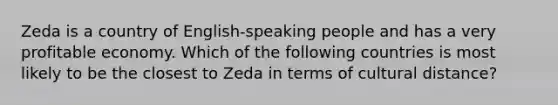 Zeda is a country of English-speaking people and has a very profitable economy. Which of the following countries is most likely to be the closest to Zeda in terms of cultural distance?