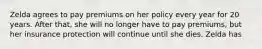 Zelda agrees to pay premiums on her policy every year for 20 years. After that, she will no longer have to pay premiums, but her insurance protection will continue until she dies. Zelda has