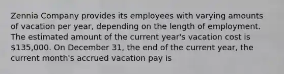 Zennia Company provides its employees with varying amounts of vacation per year, depending on the length of employment. The estimated amount of the current year's vacation cost is 135,000. On December 31, the end of the current year, the current month's accrued vacation pay is