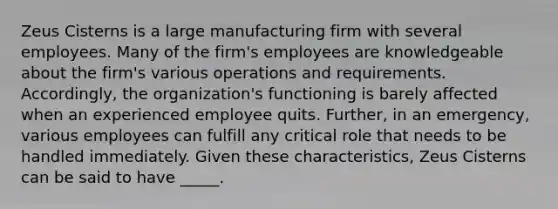 Zeus Cisterns is a large manufacturing firm with several employees. Many of the firm's employees are knowledgeable about the firm's various operations and requirements. Accordingly, the organization's functioning is barely affected when an experienced employee quits. Further, in an emergency, various employees can fulfill any critical role that needs to be handled immediately. Given these characteristics, Zeus Cisterns can be said to have _____.