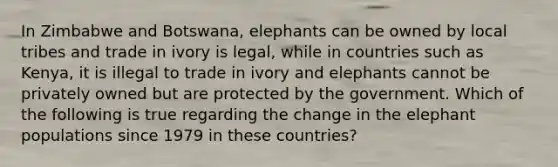 In Zimbabwe and Botswana, elephants can be owned by local tribes and trade in ivory is legal, while in countries such as Kenya, it is illegal to trade in ivory and elephants cannot be privately owned but are protected by the government. Which of the following is true regarding the change in the elephant populations since 1979 in these countries?