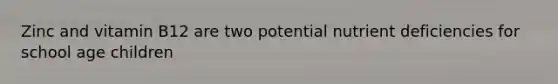 Zinc and vitamin B12 are two potential nutrient deficiencies for school age children
