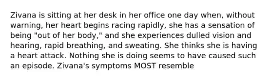 Zivana is sitting at her desk in her office one day when, without warning, her heart begins racing rapidly, she has a sensation of being "out of her body," and she experiences dulled vision and hearing, rapid breathing, and sweating. She thinks she is having a heart attack. Nothing she is doing seems to have caused such an episode. Zivana's symptoms MOST resemble