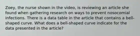 Zoey, the nurse shown in the video, is reviewing an article she found when gathering research on ways to prevent nosocomial infections. There is a data table in the article that contains a bell-shaped curve. What does a bell-shaped curve indicate for the data presented in the article?