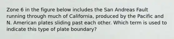 Zone 6 in the figure below includes the San Andreas Fault running through much of California, produced by the Pacific and N. American plates sliding past each other. Which term is used to indicate this type of plate boundary?