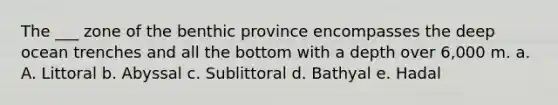 The ___ zone of the benthic province encompasses the deep ocean trenches and all the bottom with a depth over 6,000 m. a. A. Littoral b. Abyssal c. Sublittoral d. Bathyal e. Hadal