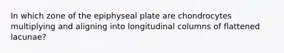 In which zone of the epiphyseal plate are chondrocytes multiplying and aligning into longitudinal columns of flattened lacunae?