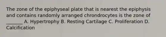 The zone of the epiphyseal plate that is nearest the epiphysis and contains randomly arranged chrondrocytes is the zone of _______ A. Hypertrophy B. Resting Cartilage C. Proliferation D. Calcification