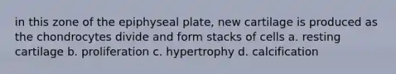 in this zone of the epiphyseal plate, new cartilage is produced as the chondrocytes divide and form stacks of cells a. resting cartilage b. proliferation c. hypertrophy d. calcification