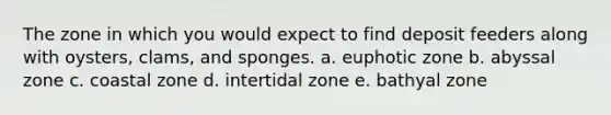 The zone in which you would expect to find deposit feeders along with oysters, clams, and sponges. a. euphotic zone b. abyssal zone c. coastal zone d. intertidal zone e. bathyal zone