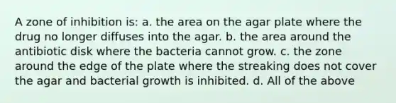 A zone of inhibition is: a. the area on the agar plate where the drug no longer diffuses into the agar. b. the area around the antibiotic disk where the bacteria cannot grow. c. the zone around the edge of the plate where the streaking does not cover the agar and bacterial growth is inhibited. d. All of the above